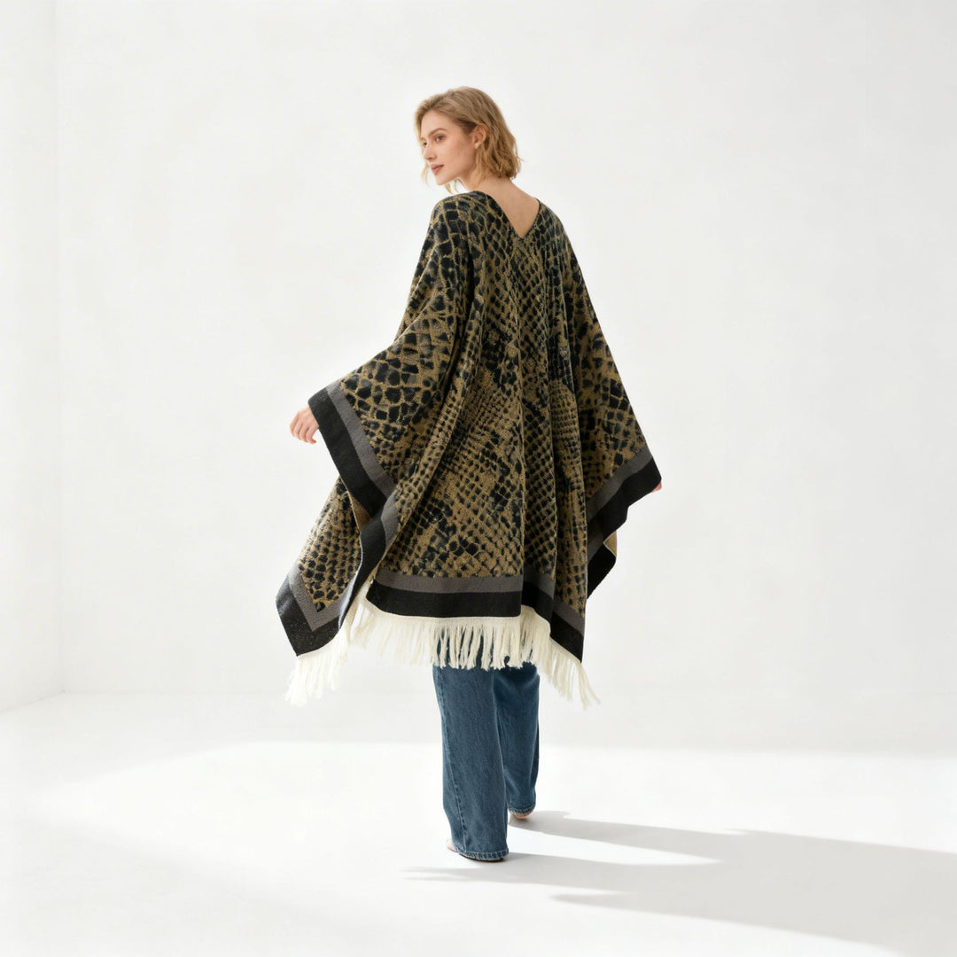 Women's Jacquard Poncho with V-Neck, Animal Print and Fringed Hem Mune Fashion