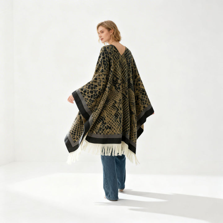 Women's Jacquard Poncho with V-Neck, Animal Print and Fringed Hem Mune Fashion