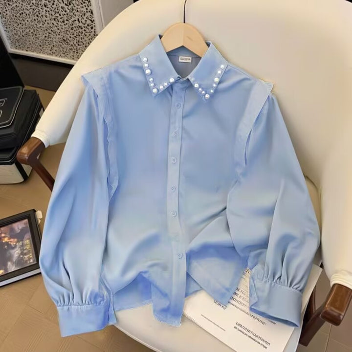 Women’s pearl-embellished shirt blouse with puff sleeves and pointed collar Mune Fashion