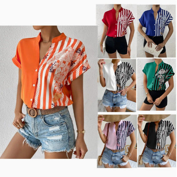 Women’s short sleeve blouse with stand collar and asymmetric stripe-floral print Mune Fashion