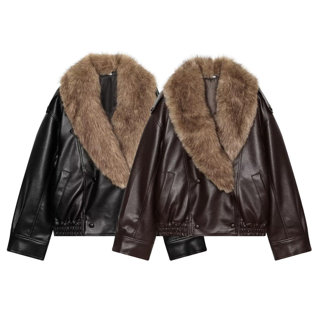Women's Short Cut Biker Leather Jacket with Voluminous Faux Fur Shawl Collar Mune Fashion