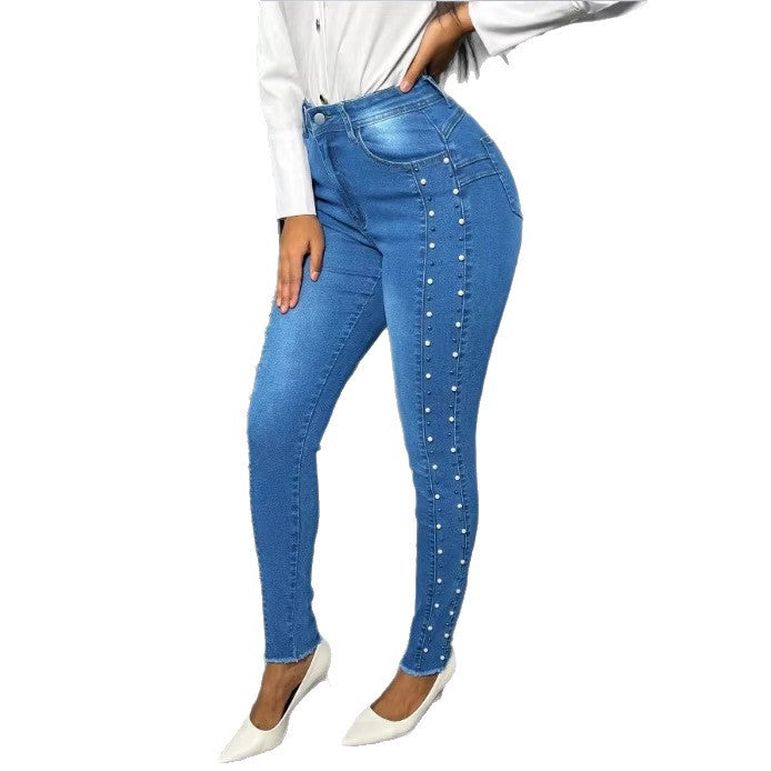 Women's shaping high-waisted skinny jeans with side pearl embellishment Mune Fashion