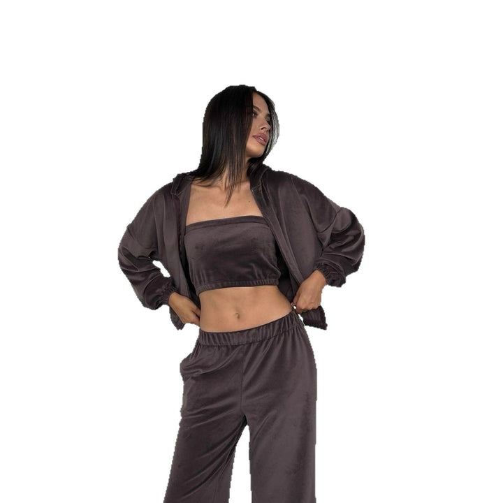 Women Velvet Loungewear Set with Hoodie, Bandeau Top and Jogging Pants Mune Fashion