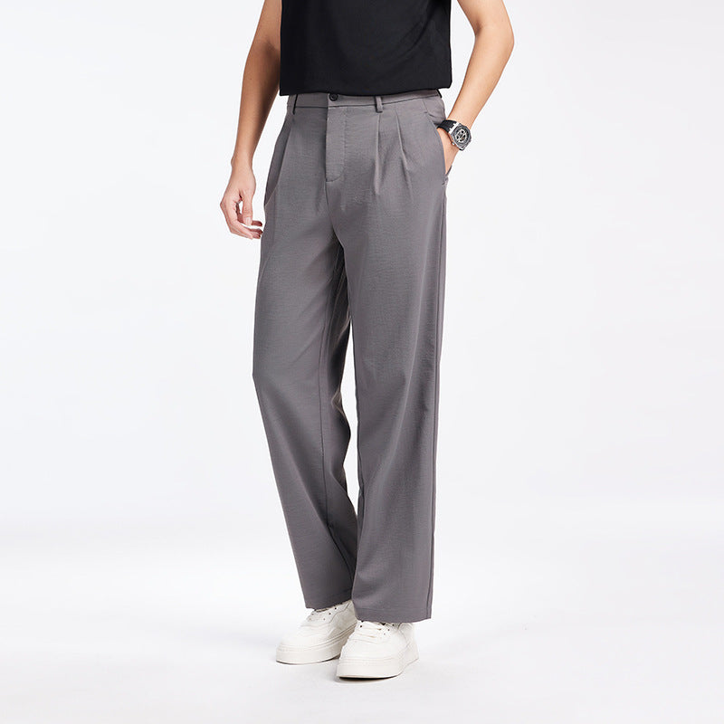 Men's Elegant Pleated Fabric Pants with High Waist, Crease and Straight Leg Mune Fashion