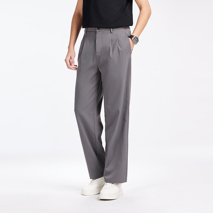 Men's Elegant Pleated Fabric Pants with High Waist, Crease and Straight Leg Mune Fashion
