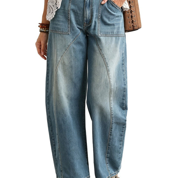 Women Wide High-Cut Jeans with Curved Seam Details and Patch Pockets Mune Fashion