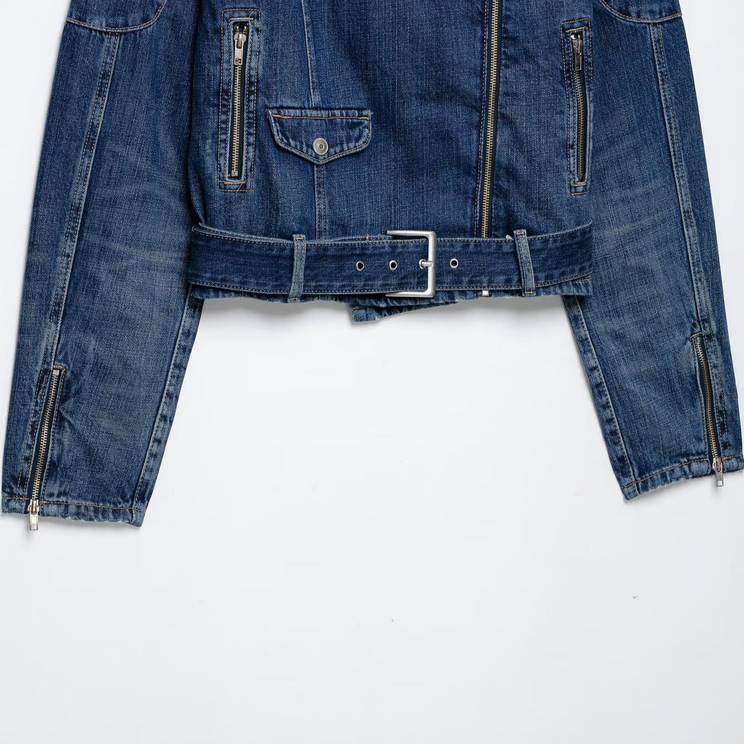 Women's Short Denim Biker Jacket with Belt and Asymmetrical Zipper Mune Fashion