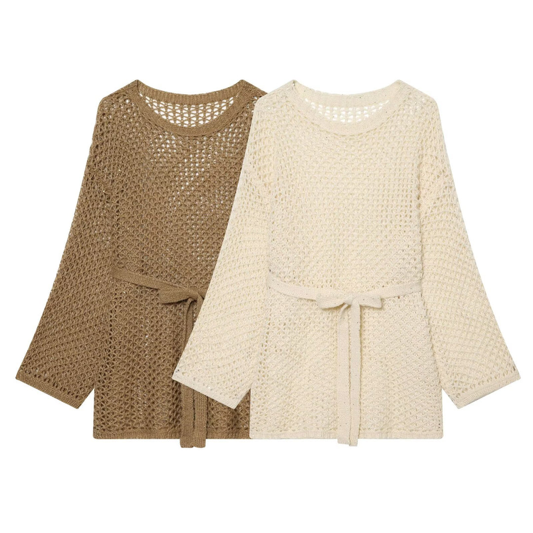 Women's Loose Crochet Cardigan with Waist Belt and 3/4 Sleeves Mune Fashion