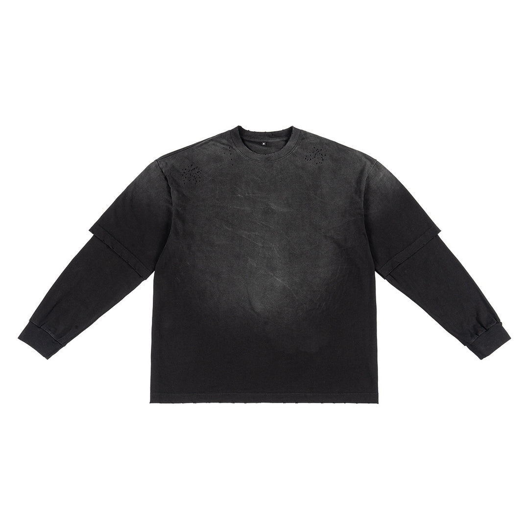 Men's Layered Long Sleeve Shirt with Double Layer Sleeves, Washed Vintage Wash and Subtle Fraying Mune Fashion