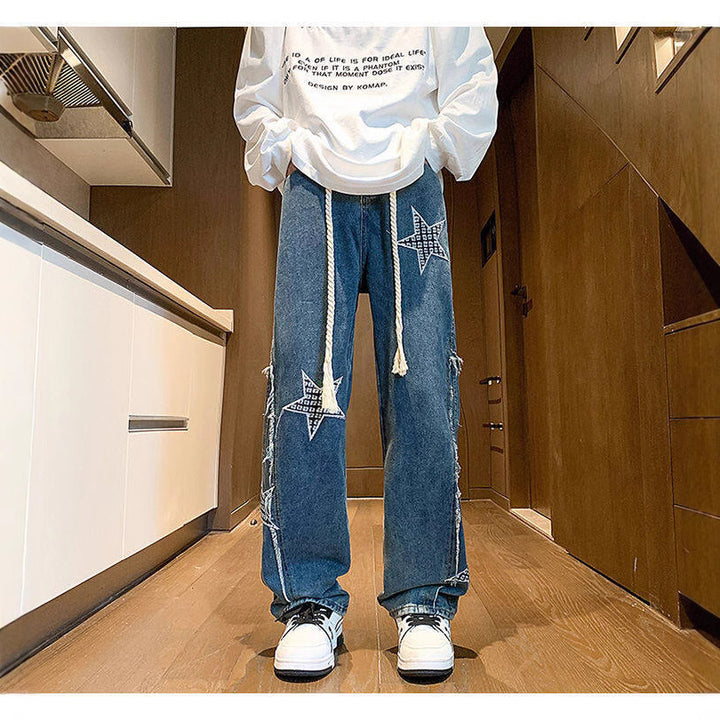 Women Wide High-Waist Denim Pants with Star Applications, Fringe Side Slits and Drawstring Waist Mune Fashion