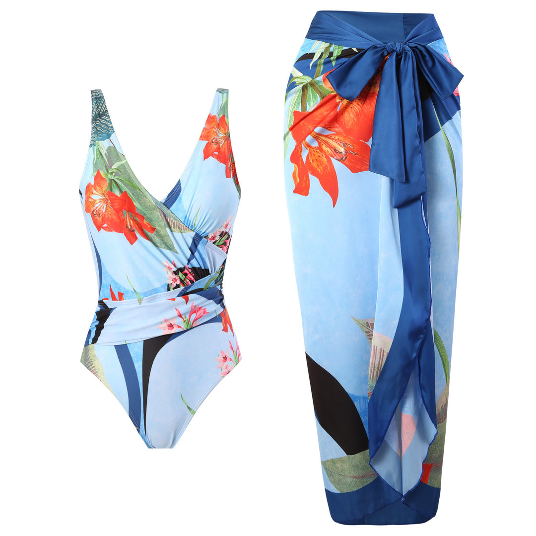 Women's swim set with floral wrap skirt and one-piece Mune Fashion