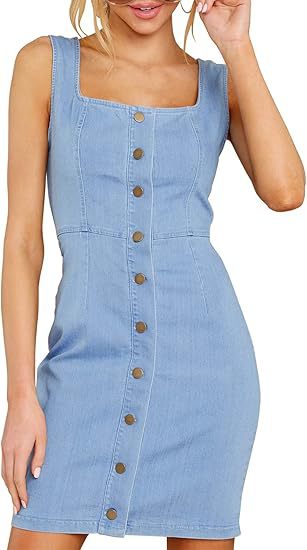 Women's Fitted Denim Dress with Full Button Placket and Square Neckline Mune Fashion