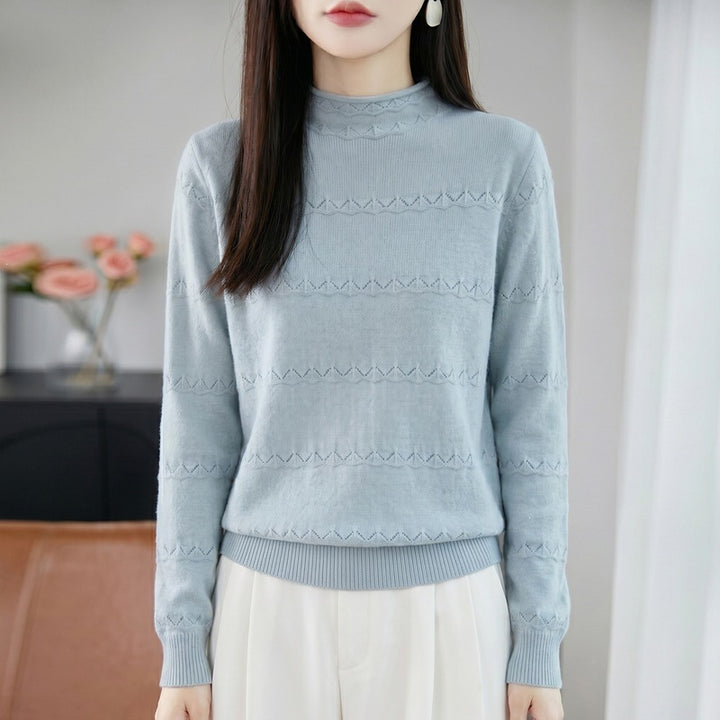 Women's lightweight lace-knit pullover with short stand-up collar and fine ribbed hem Mune Fashion