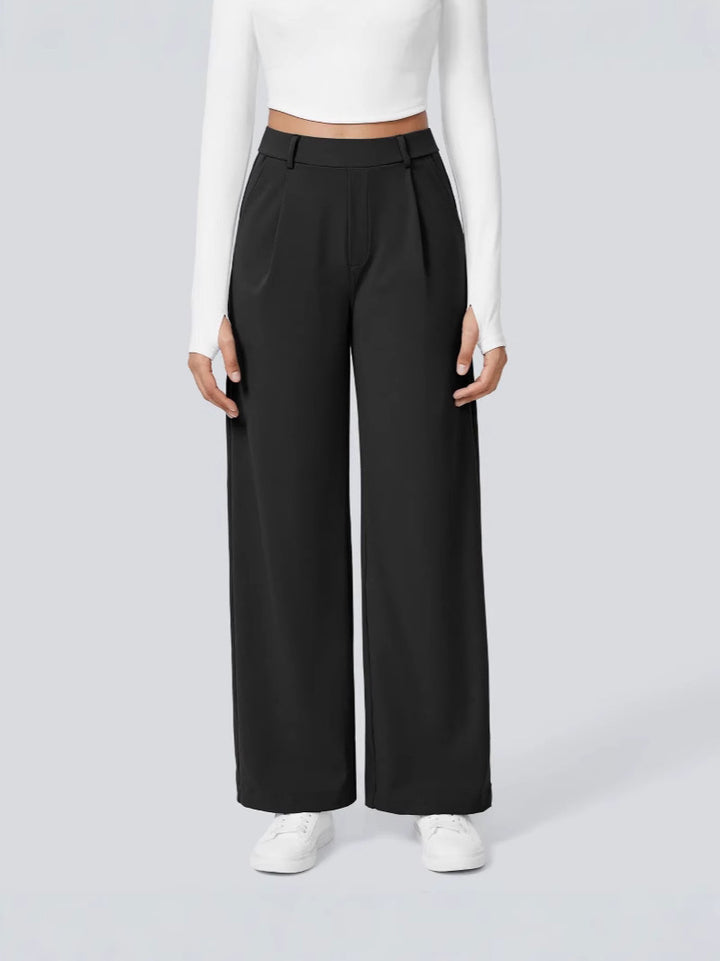 Ladies Elegant High-Waist Palazzo Pants with Front Pleats and Side Pockets Mune Fashion