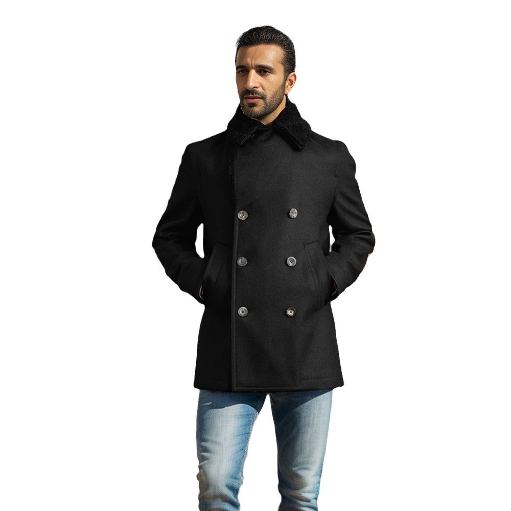 Men's short coat in pea coat style made of wool blend with voluminous teddy collar and side pockets Mune Fashion