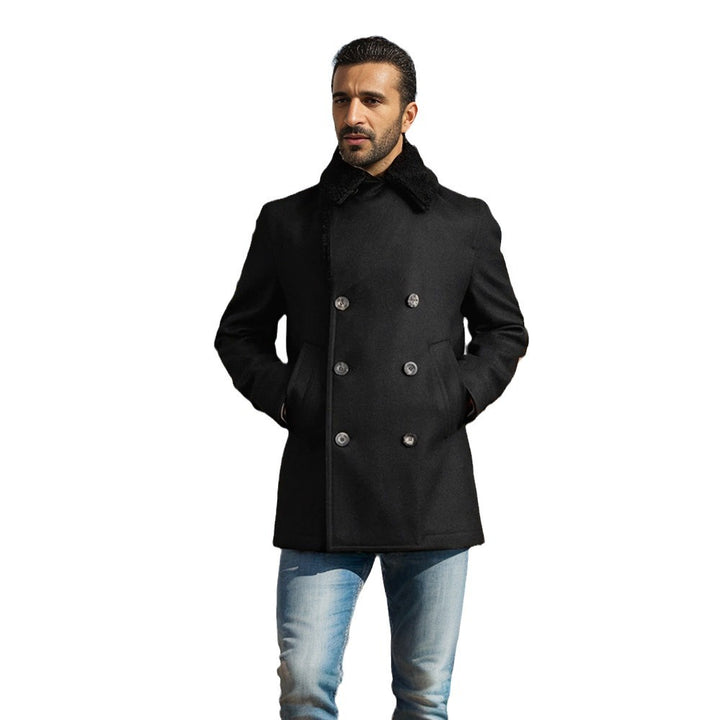 Men's short coat in pea coat style made of wool blend with voluminous teddy collar and side pockets Mune Fashion