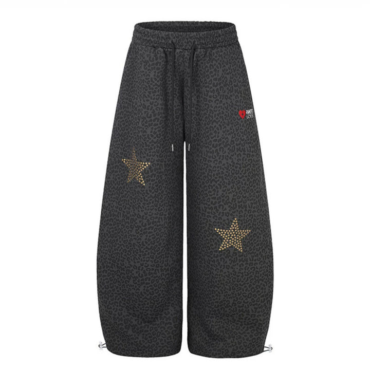Women's Extra Wide Palazzo Training Pants with Elastic Waistband, Drawstring, and Decorative Star Studs Mune Fashion