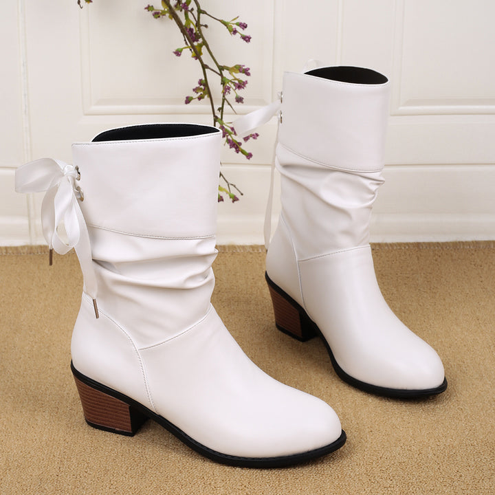 Women's Mid-Calf Slouch Boots with Decorative Satin Bow Mune Fashion