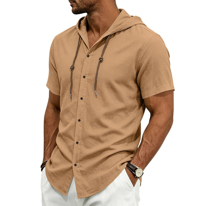 Men's short-sleeve hooded shirt in linen look with button placket and drawstring Mune Fashion