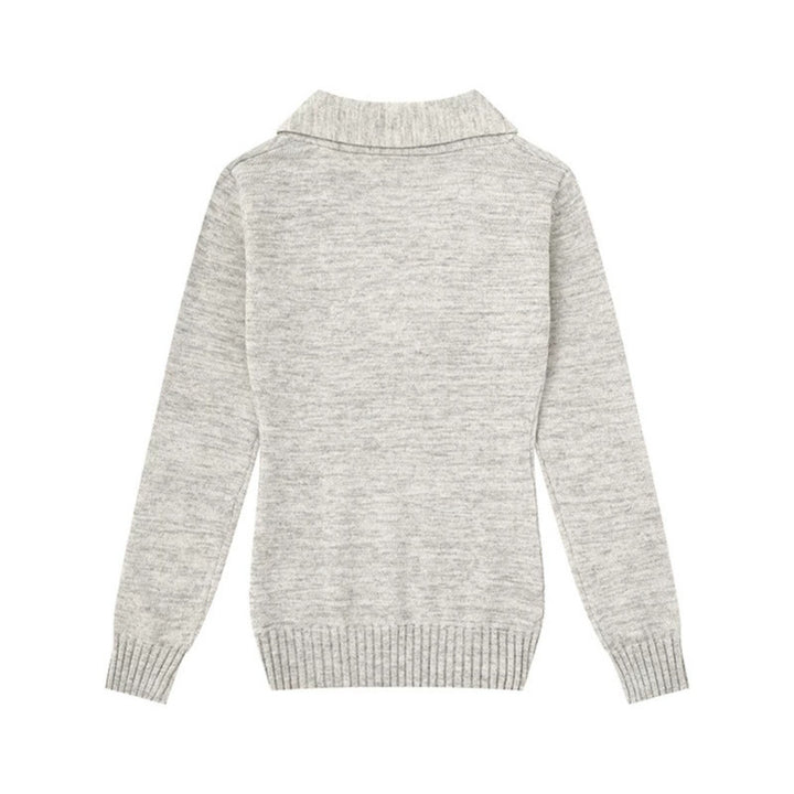 Women’s fine knit pullover with shawl collar, V-neck and decorative buttons Mune Fashion