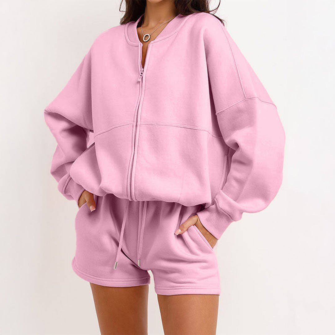 Women's two-piece sweat set with oversized zip-up jacket and elastic high-waist shorts Mune Fashion