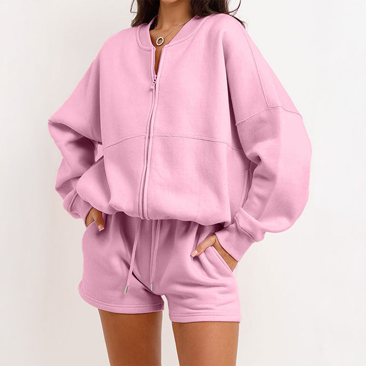 Women's two-piece sweat set with oversized zip-up jacket and elastic high-waist shorts Mune Fashion