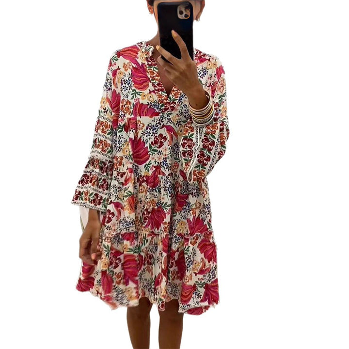 Women playful tunic tiered dress with deep V-neck, ruched bodice, ruffled tiers and ornamental embroidery trim Mune Fashion