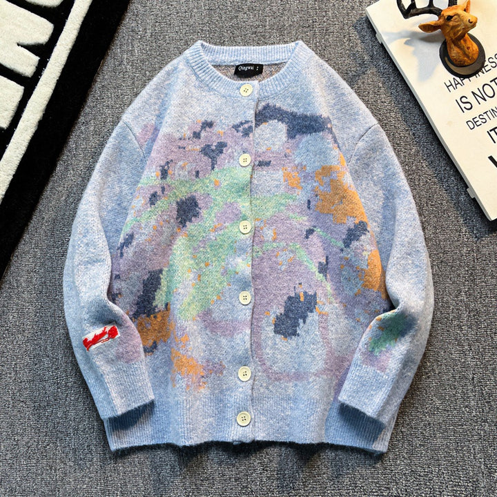 Women Oversized Cardigan with Abstract Intarsia Pattern Mune Fashion