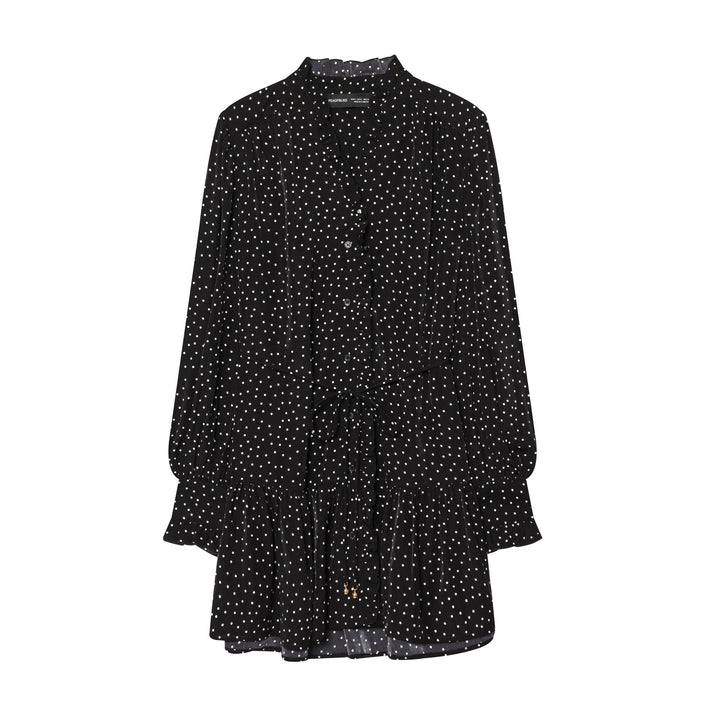 Ladies dotted midi dress with ruffle trim, waist drawstring, and tiered flounce skirt Mune Fashion