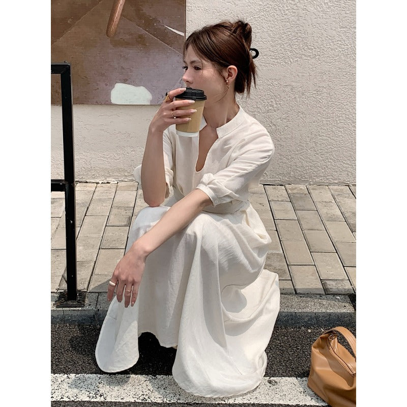 Women Linen Blend Midi Dress with V-Neck, fitted waist and wide sleeves Mune Fashion
