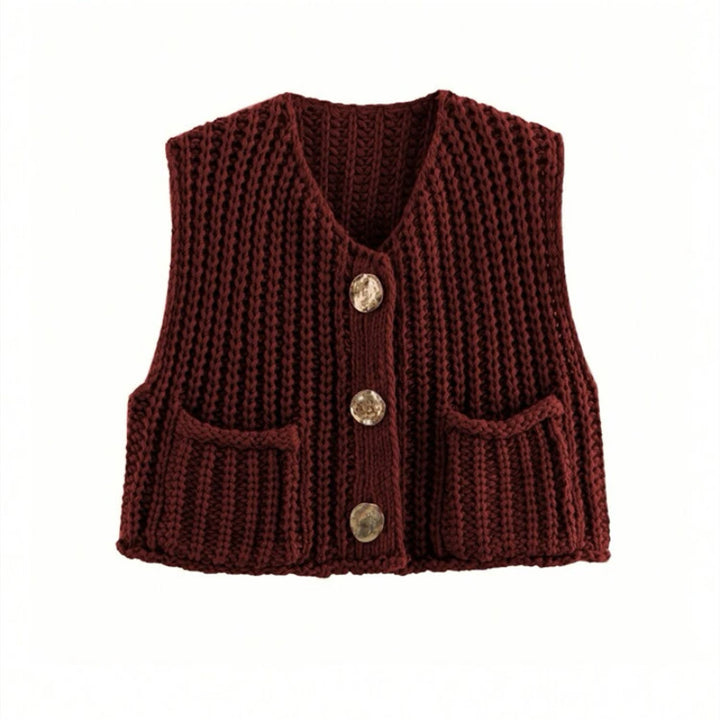 Women's Chunky Knit Cropped Vest with V-Neck and Gold Decorative Buttons Mune Fashion