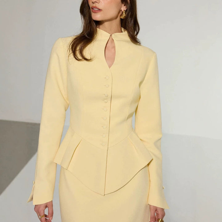 Women's Two-Piece Tailored Blazer and Pencil Skirt Set with Stand Collar and Peplum Dress