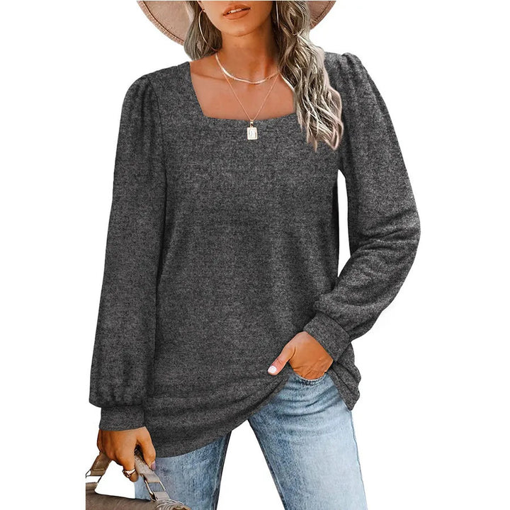Women's relaxed fine-knit sweater with square neckline, puff shoulder, and cuffs
