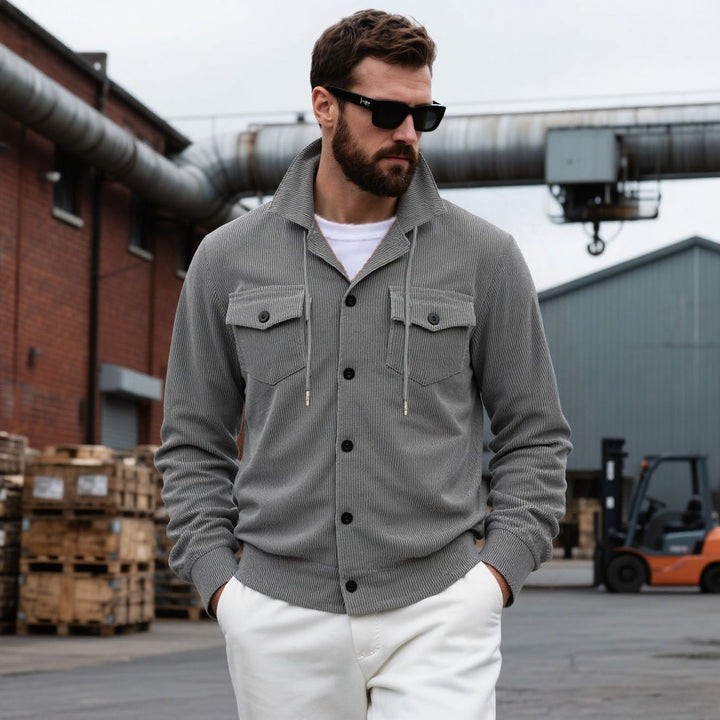 Men's knitted corduroy overshirt jacket with hood, breast pockets and continuous button placket Mune Fashion