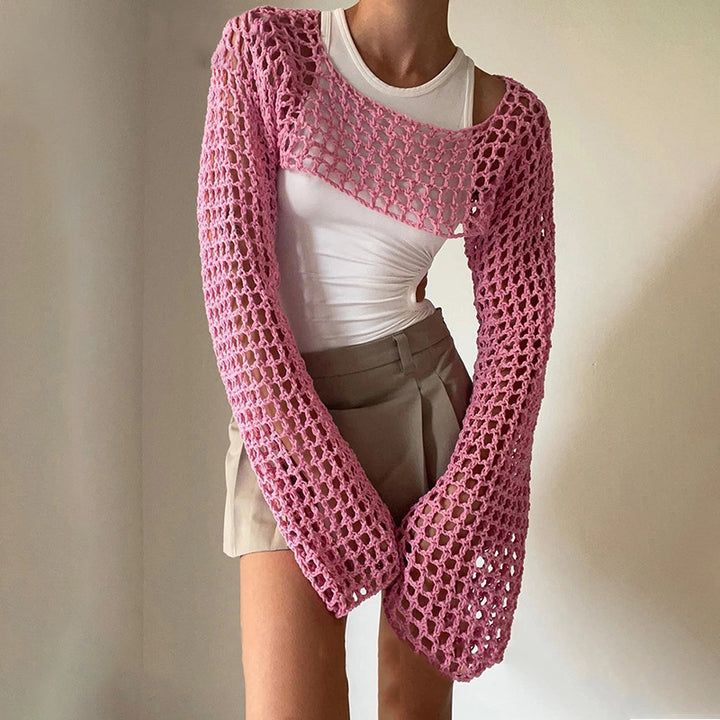 Women's Crocheted Long Sleeve Top with Off-Shoulder Design Mune Fashion