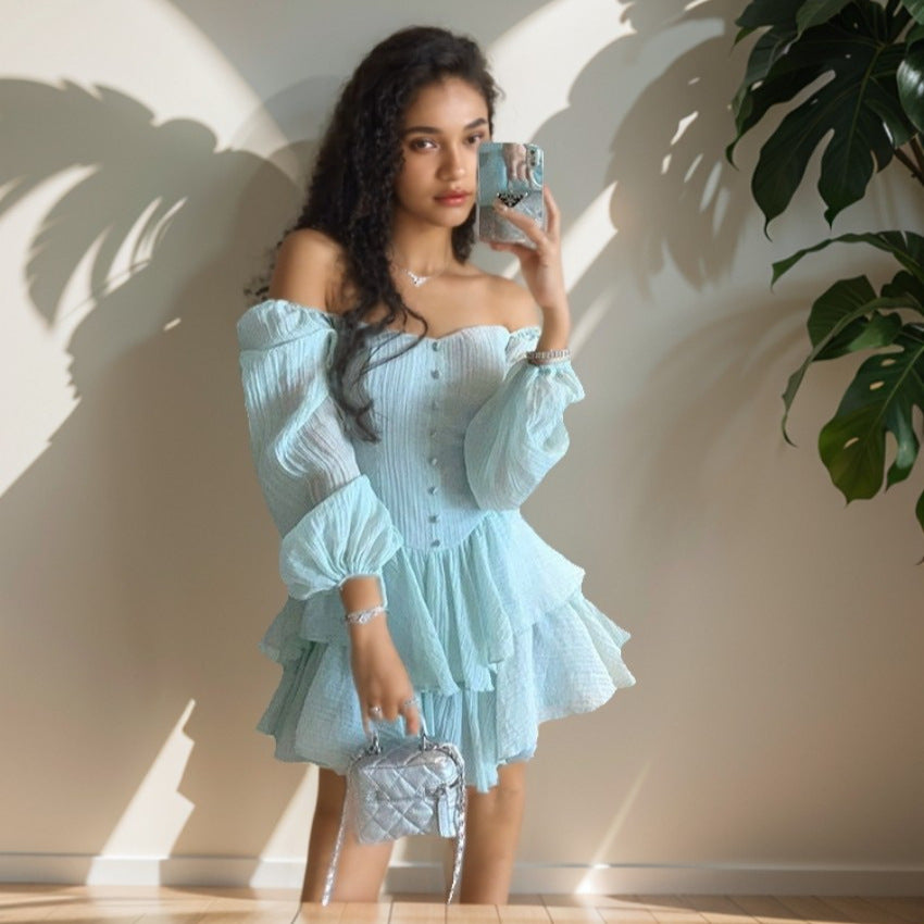 Women Off-Shoulder Tiered Mini Dress with Button Placket Mune Fashion