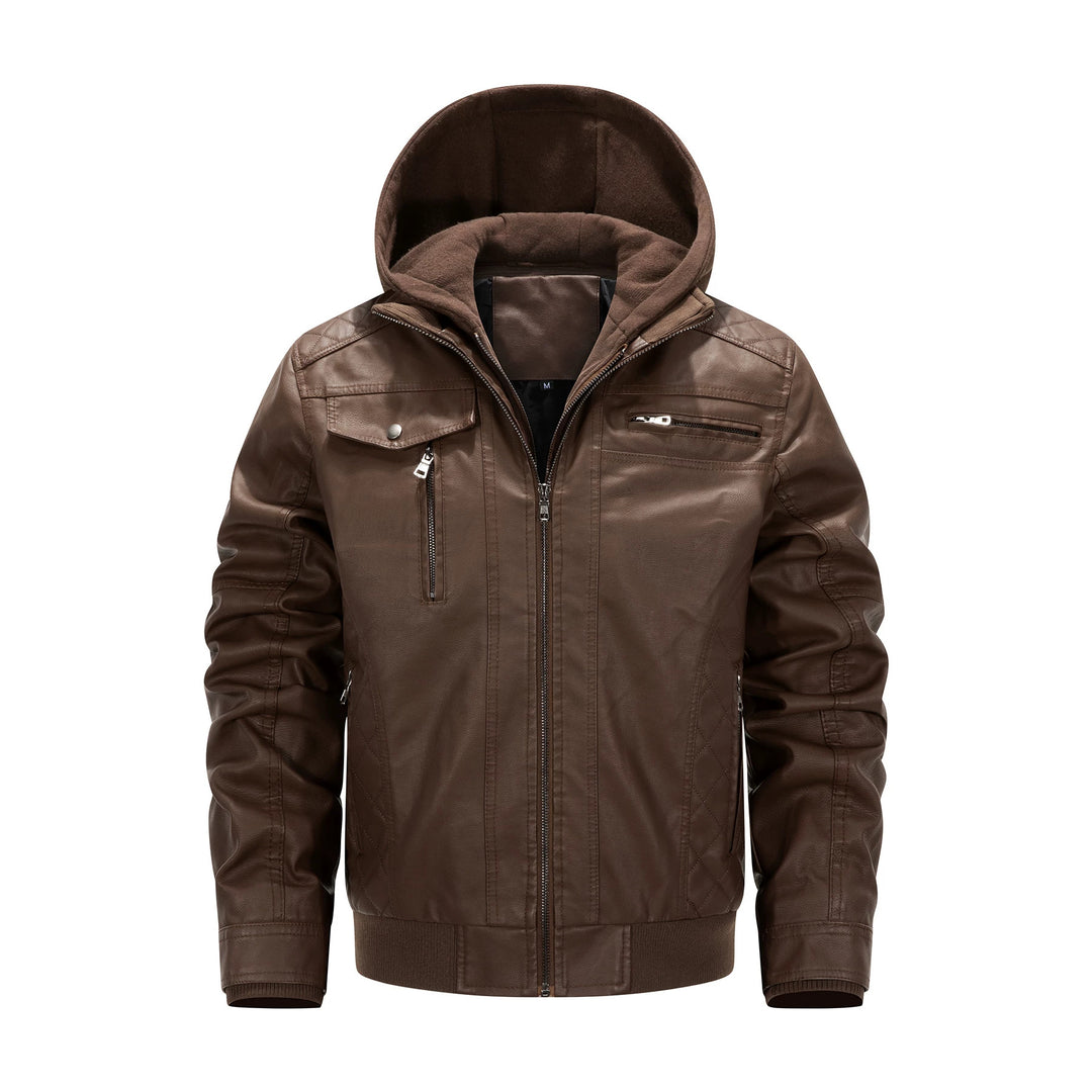 Men's Faux Leather Biker Jacket with Removable Hood Panel and Quilted Side Panels Mune Fashion