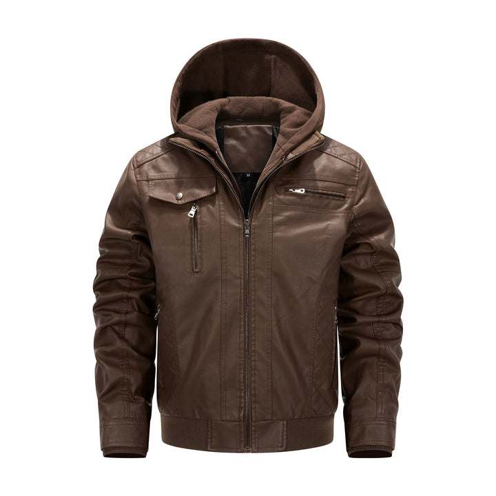 Men's Faux Leather Biker Jacket with Removable Hood Panel and Quilted Side Panels Mune Fashion