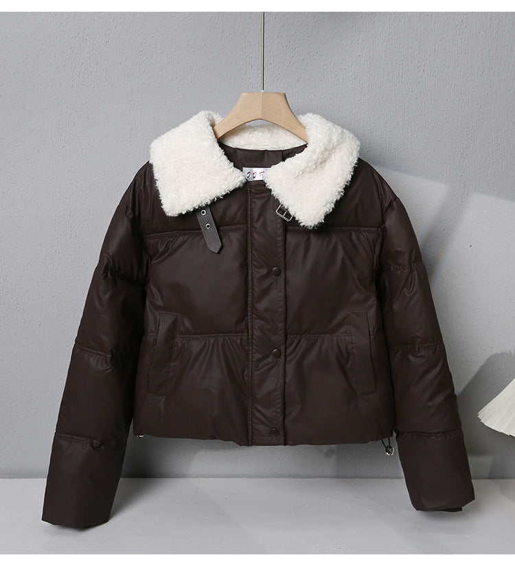 Women's short quilted winter jacket with wide teddy collar and drawstring Mune Fashion