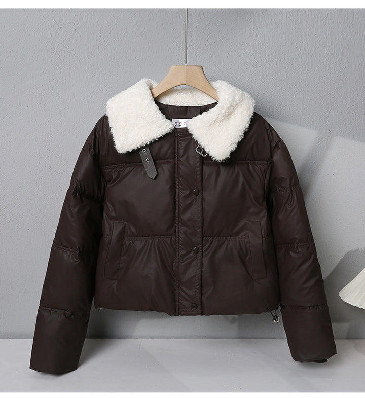Women's short quilted winter jacket with wide teddy collar and drawstring Mune Fashion