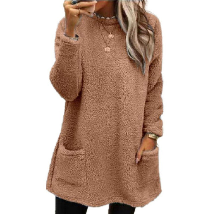 Women's cozy long teddy sweater oversized with round neck and slit pockets Mune Fashion