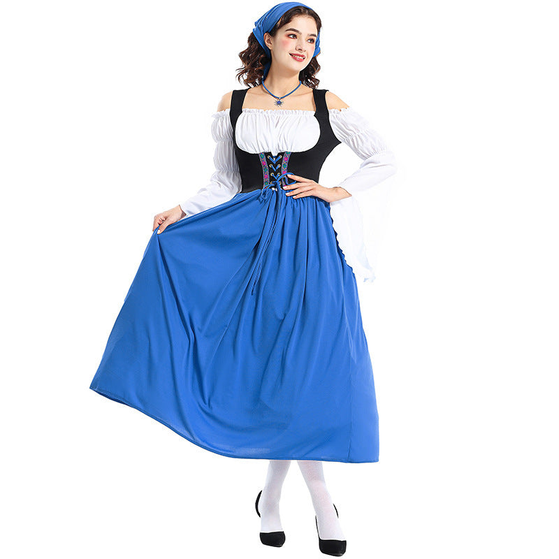 Ladies' Renaissance peasant dress with laced bodice, off-the-shoulder Carmen top, and wide skirt Mune Fashion