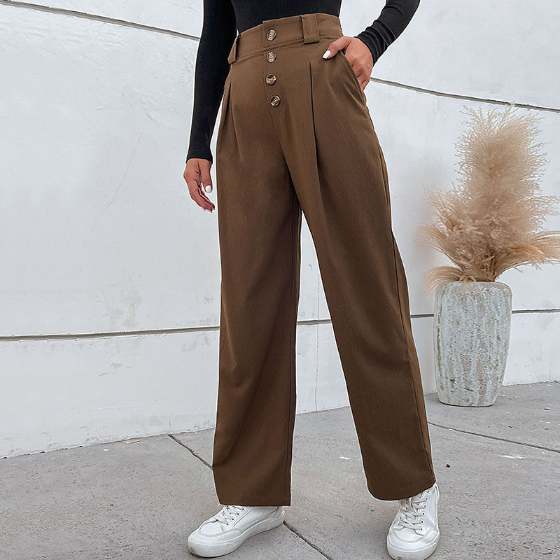 Women's High-Waisted Wide Fabric Pants with Decorative Button Placket and Pleats