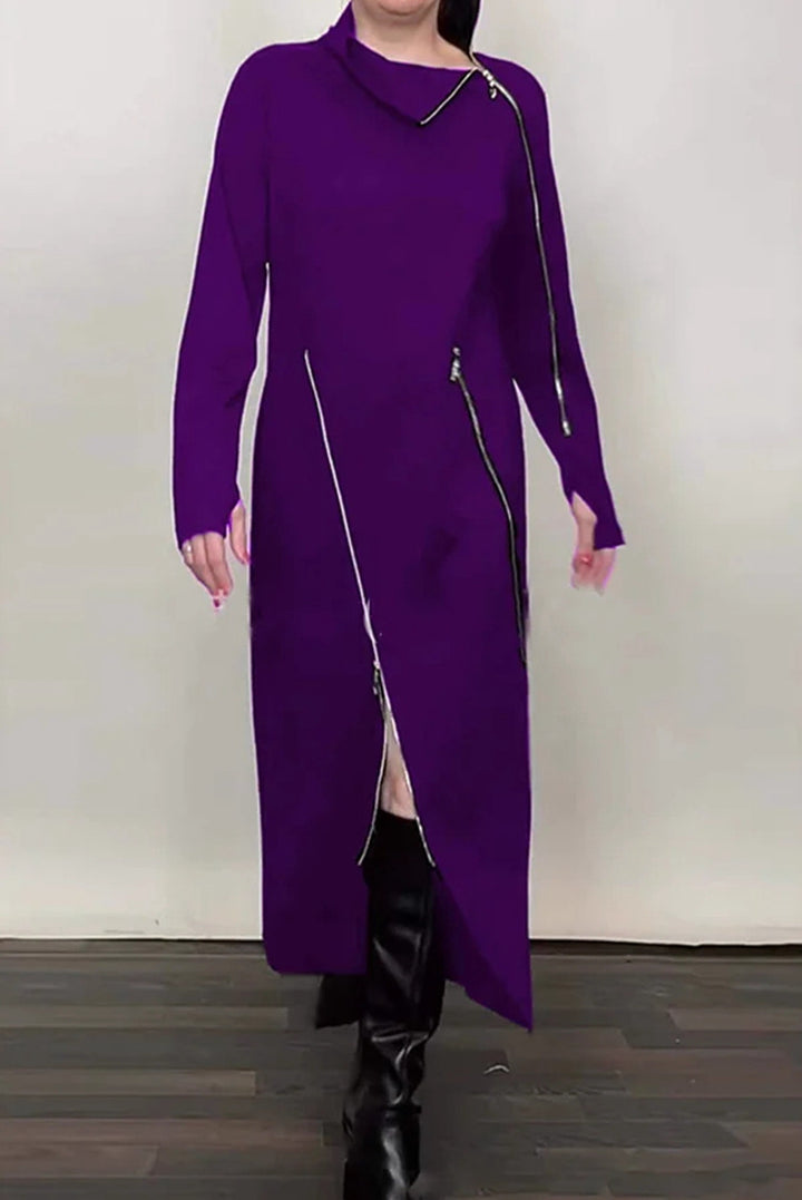 Women's Long Knit Dress with Asymmetric Metal Zippers and Front Slit Mune Fashion