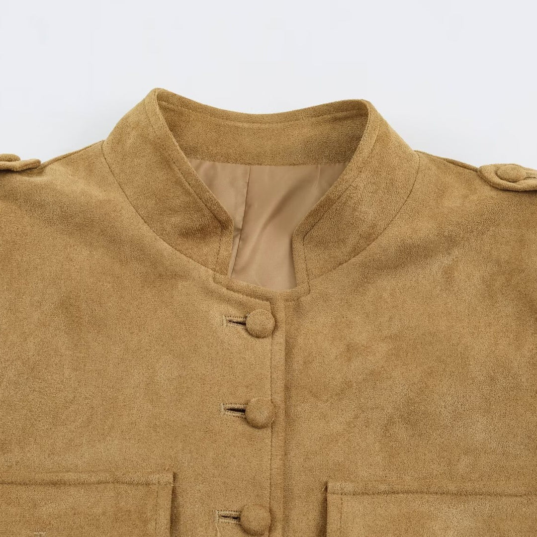 Women's Tailored Velour Jacket in Field Style with Stand-Up Collar and Chest Flaps Mune Fashion