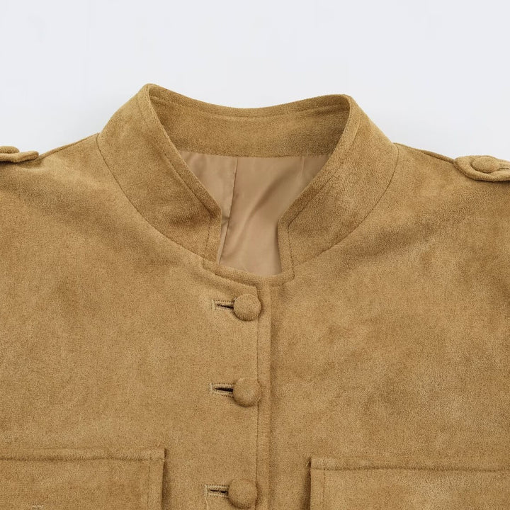Women's Tailored Velour Jacket in Field Style with Stand-Up Collar and Chest Flaps Mune Fashion