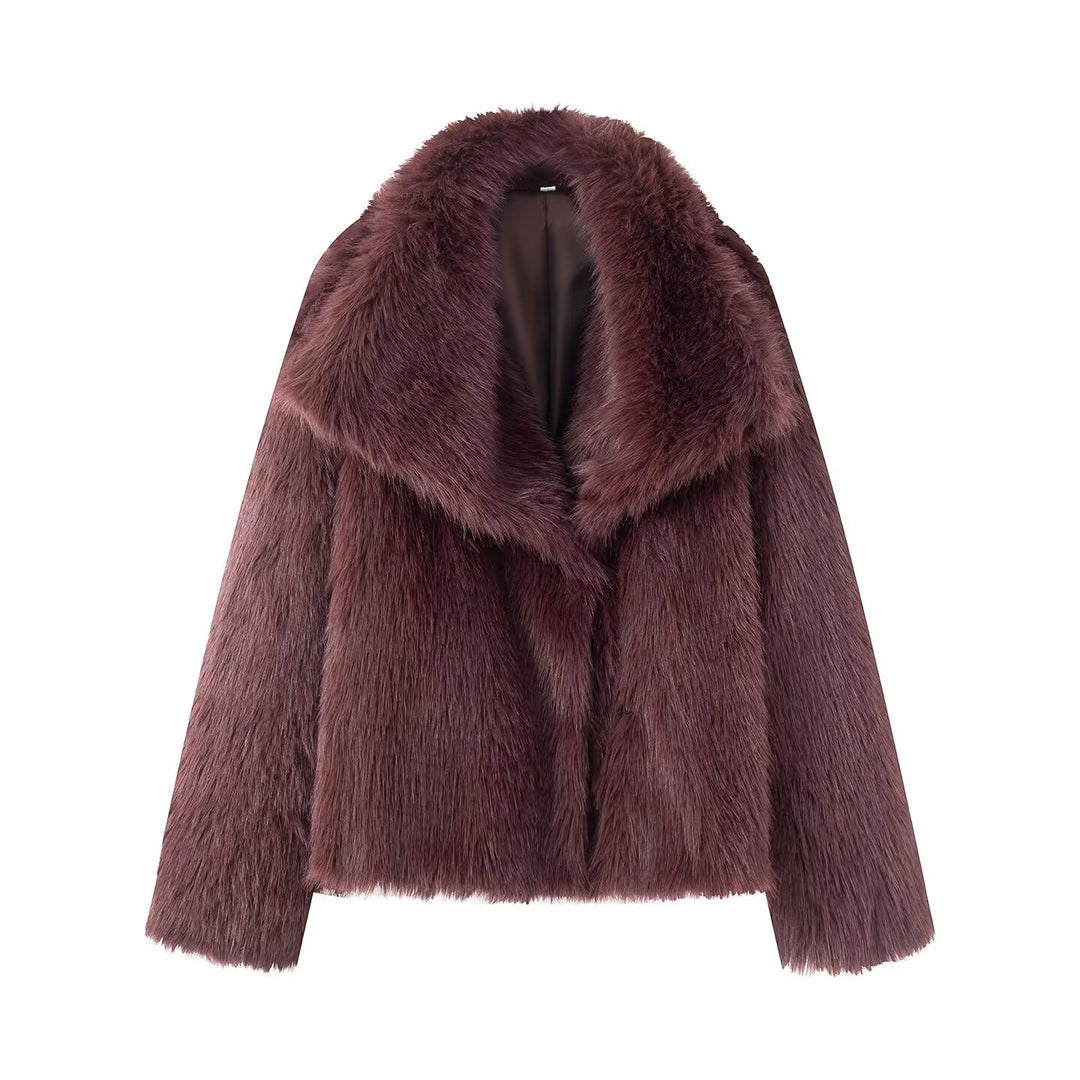 Women's Short Boxy Faux Fur Coat with Generous Shawl Collar and Soft Lining Mune Fashion