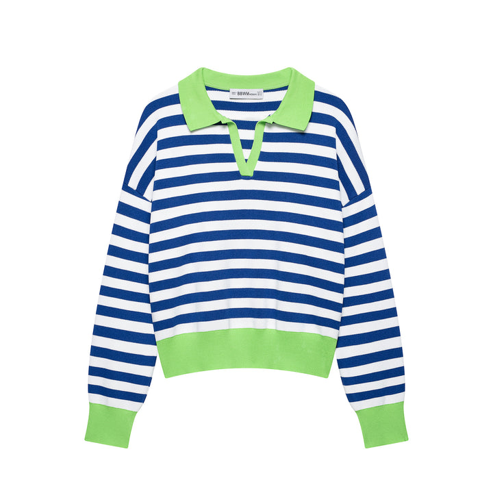 Women's Striped Polo Sweater with V-Neck, Loose Body and Contrasting Cuffs Mune Fashion