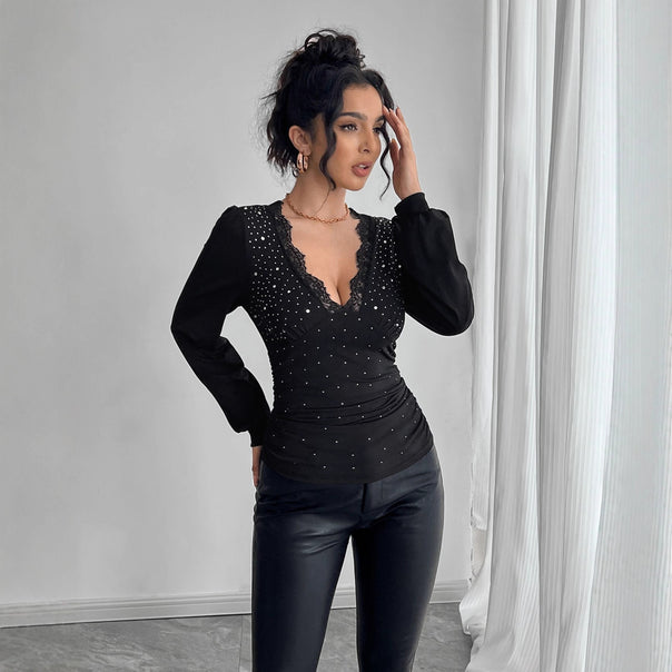Women's tailored long sleeve shirt with deep lace décolletage, gathering, and crystal embellishment Mune Fashion