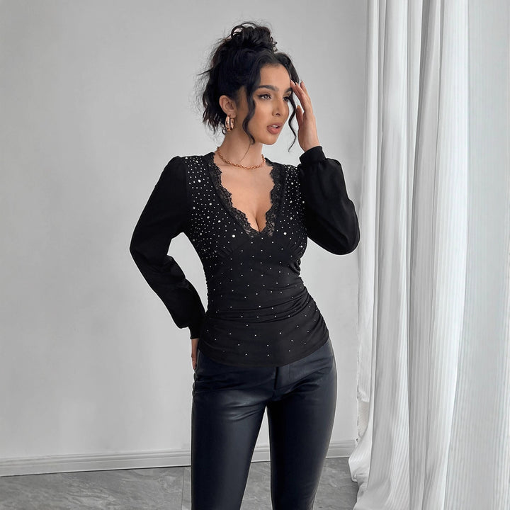 Women's tailored long sleeve shirt with deep lace décolletage, gathering, and crystal embellishment Mune Fashion
